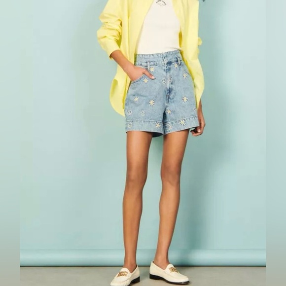 Sandro Younes Embroidered High Rise Organic Denim Shorts - Picture 2 of 10